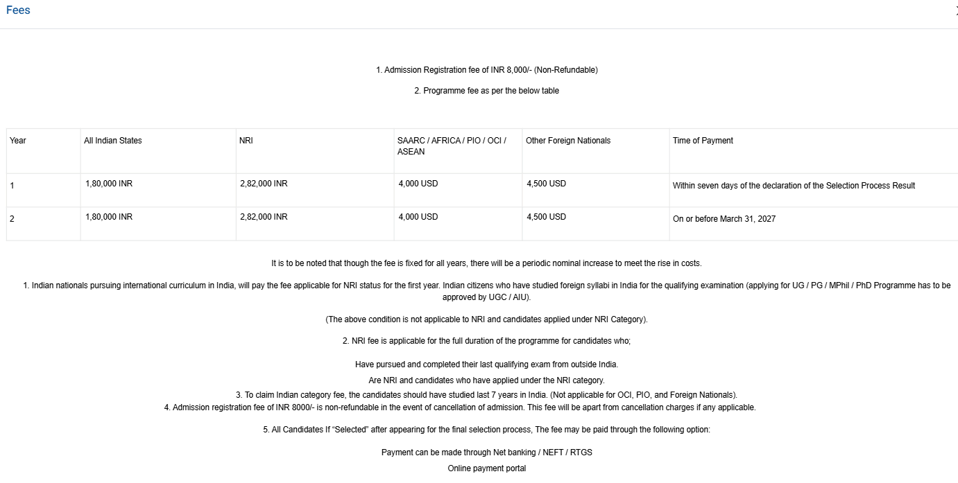 Fee Structure 2026 (As per official website)-