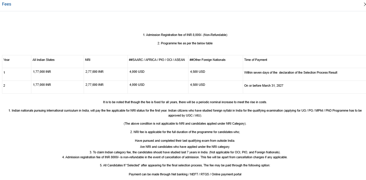 Fees structure 2026 (As per website)-