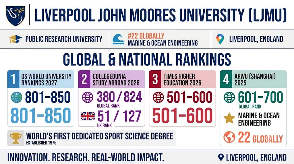 An infographic for Liverpool John Moores University (LJMU). It displays the Global and National Rankings for LJMU. The infographic has multiple sections. The first section at the top is the header section, which features the university crest on the far-left, with the text LIVERPOOL JOHN MOORES UNIVERSITY (LJMU). There are three columns right under the header. The first column has a graphic of a graduate cap with the text PUBLIC RESEARCH UNIVERSITY. The second column has a graphic of ocean waves with the orange text #22 GLOBALLY, MARINE & OCEAN ENGINEERING. The third column has a graphic of a map location with the text LIVERPOOL, ENGLAND. The middle section is the main heading: GLOBAL & NATIONAL RANKINGS. Under the middle section, there are four numbered ranking cards in four columns. The first column is #1, it's for the QS WORLD UNIVERSITY RANKINGS 2027, featuring a green-colored graphic of a globe with blue text 801-850. The second column is #2, it's for COLLEGEDUNIA STUDY ABROAD 2026, featuring a purple graphic of a globe and the purple text 380 / 824, and the text, in smaller purple font, GLOBAL RANK. Right under this section is a flag of the UK with the text 51 / 127 and the text, in a smaller purple font, UK RANK. The third column is #3, it's for TIMES HIGHER EDUCATION 2026, featuring a dark red graphic of a globe with a red text 501-600, GLOBAL RANK. Large red text: 501-600. The fourth column is #4, it's for ARWU (SHANGHAI) 2025, featuring a green graphic of a globe with green text 601-700, GLOBAL RANK. Gold star graphic: MARINE & OCEAN ENGINEERING. Gold globe graphic: 22 GLOBALLY. Under the fourth card, there are two more sections. One section has a gold trophy graphic: WORLD&rsquo;S FIRST DEDICATED SPORT SCIENCE DEGREE, ESTABLISHED 1975. Under this is a navy bar with the slogan text INNOVATION. RESEARCH. REAL-WORLD IMPACT. Right next to this section is a navy-colored location graphic with LIVERPOOL, ENGLAND in navy text.