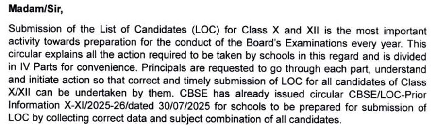 LOC Notice for schools by CBSE