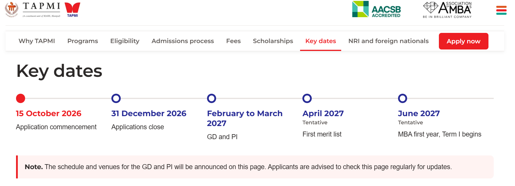 TAPMI MBA 2027-29 Important&nbsp;Dates