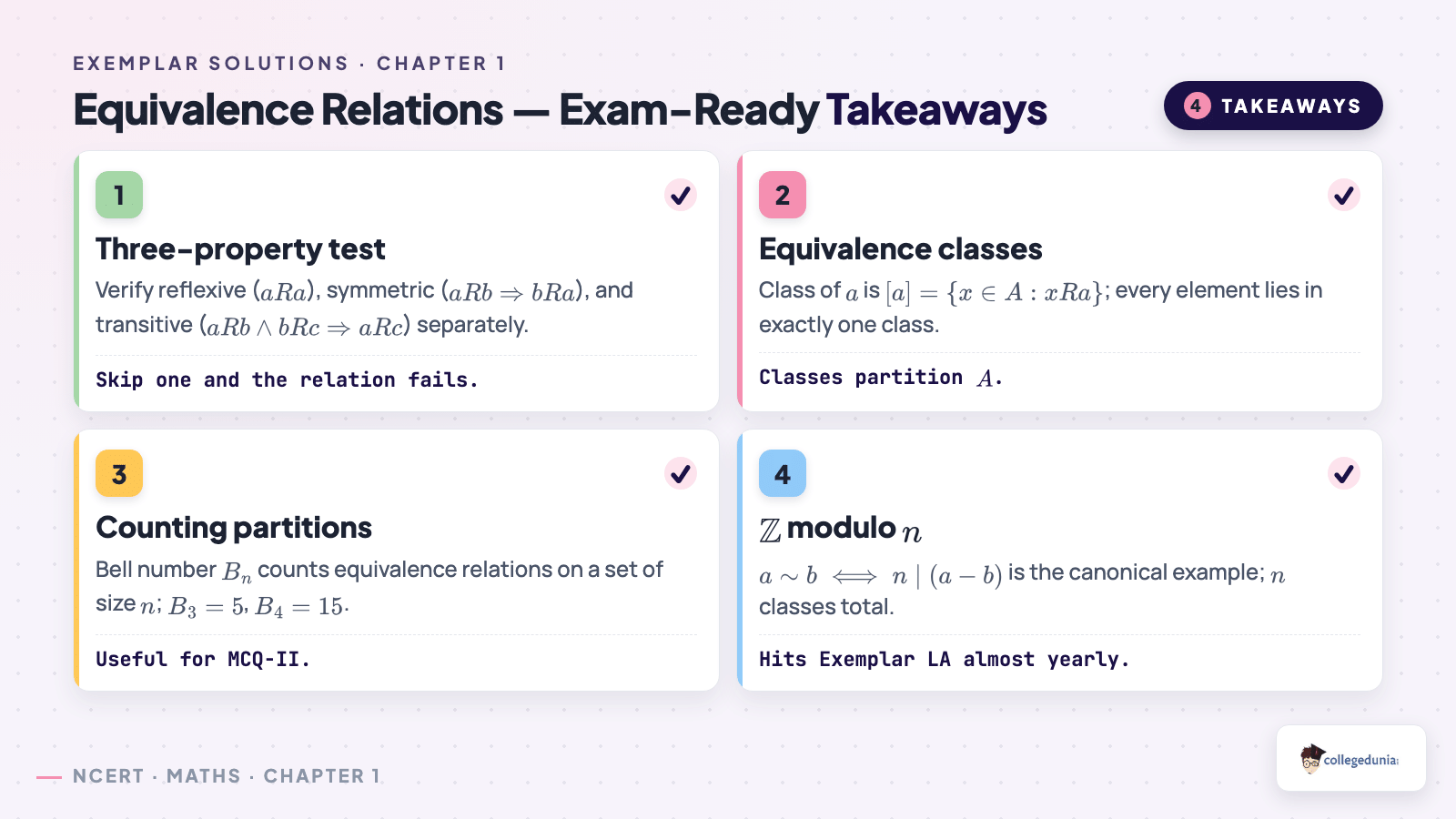 Equivalence relations key takeaways for Class 12 Exemplar