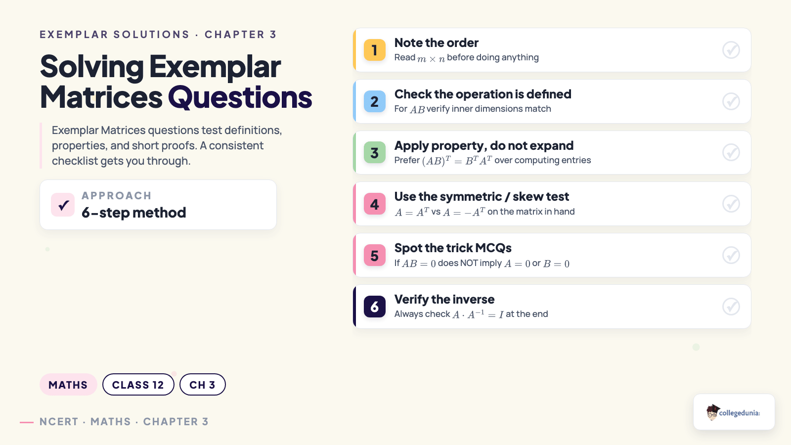 Strategy checklist for solving NCERT Exemplar Class 12 Mathematics Chapter 3 Matrices questions