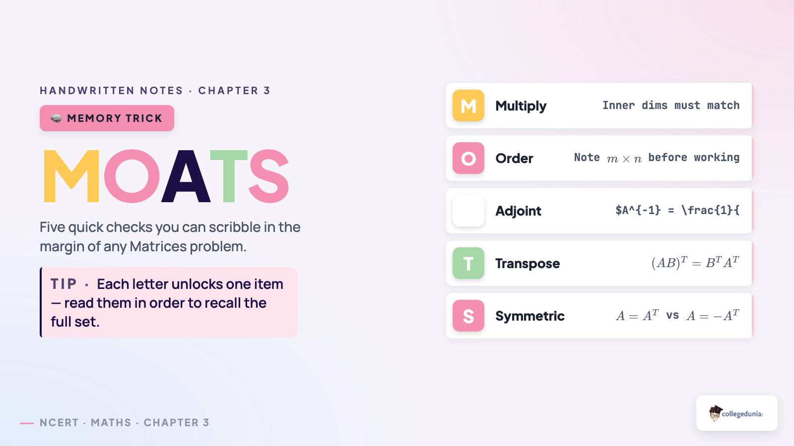 MOATS mnemonic — five quick checks for any Matrices problem in Class 12 Mathematics Chapter 3