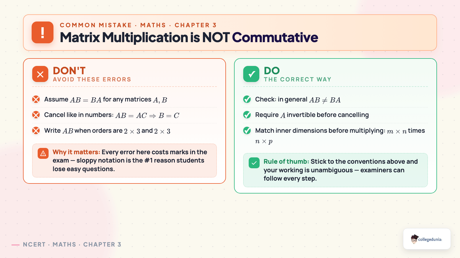 AB vs BA — matrix multiplication is not commutative; common mistakes in Class 12 Maths Chapter 3 Exercise 3.2