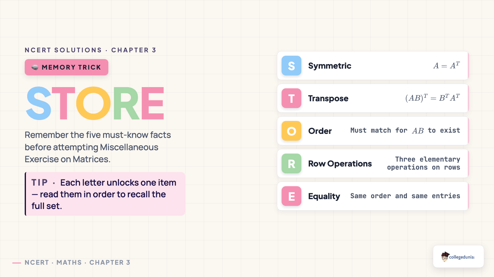 STORE mnemonic for the Miscellaneous Exercise of Class 12 Maths Chapter 3 Matrices