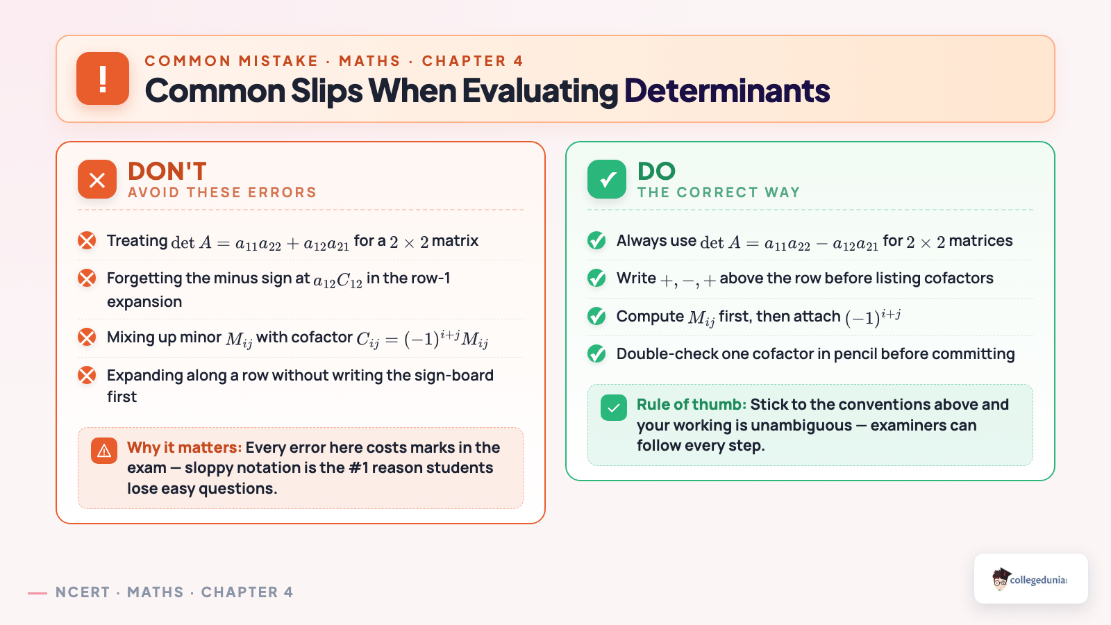 Common sign slips in determinant evaluation
