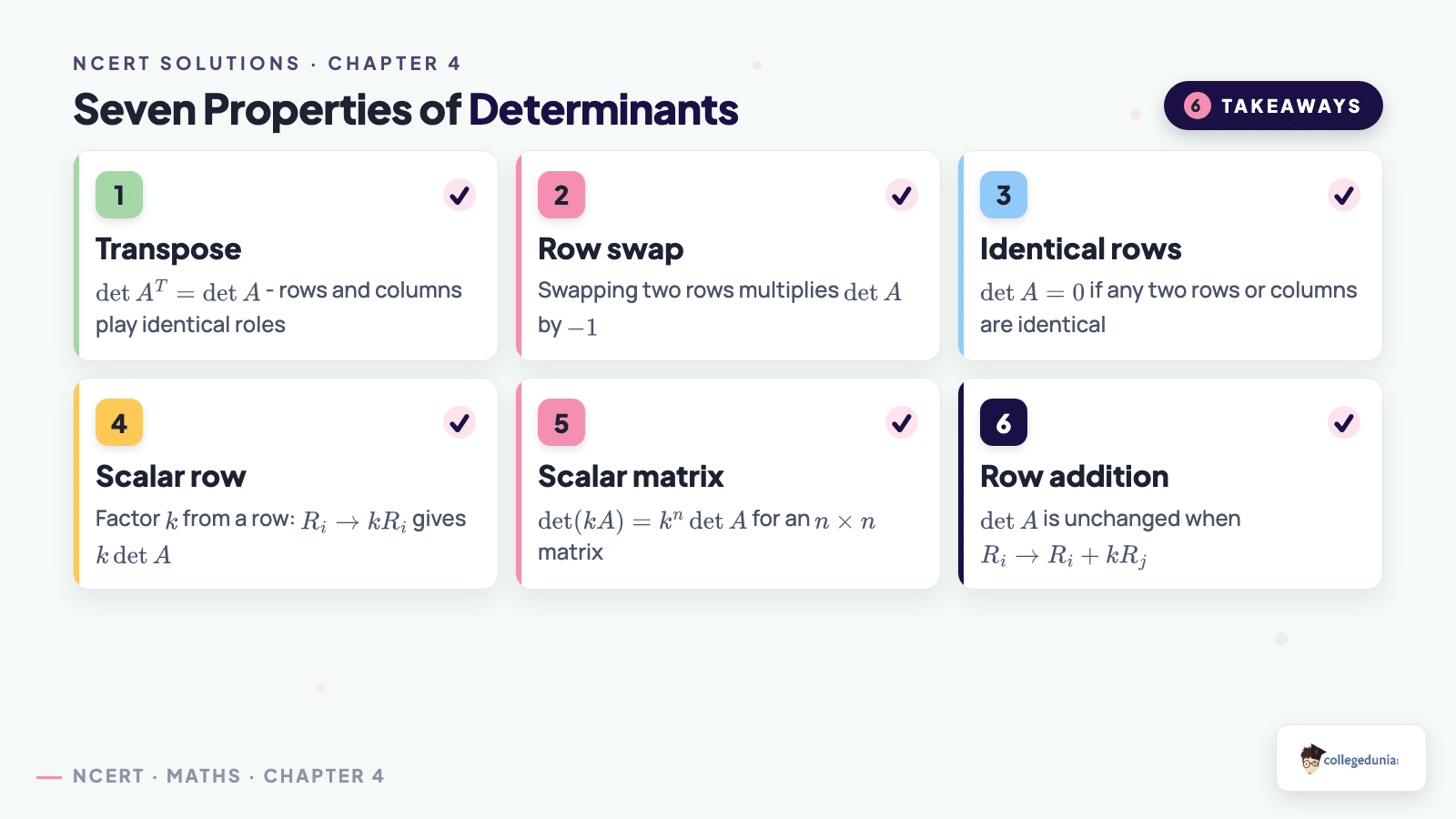 Seven properties of determinants