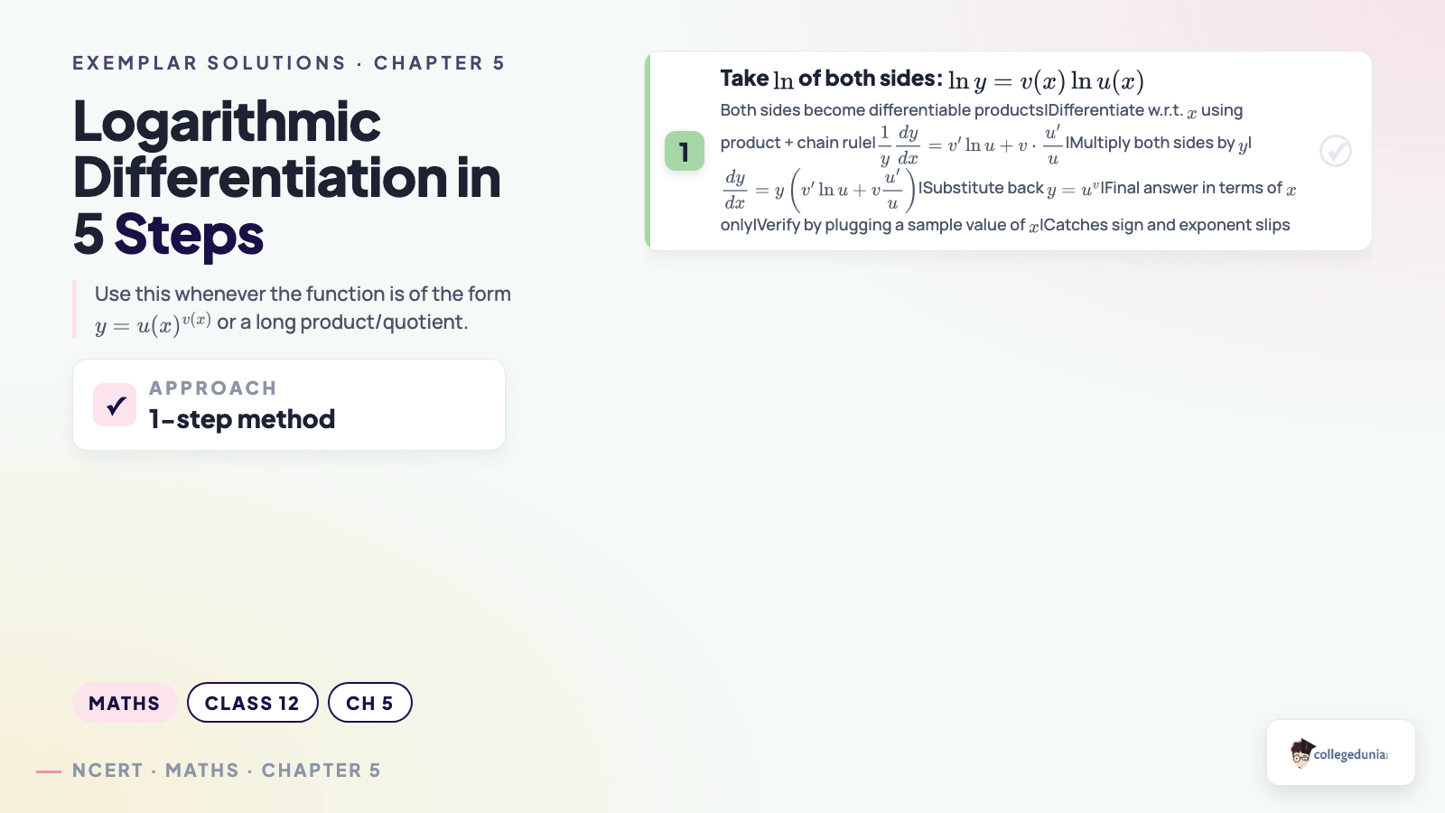 Five-step logarithmic differentiation routine for Class 12 Maths Chapter 5