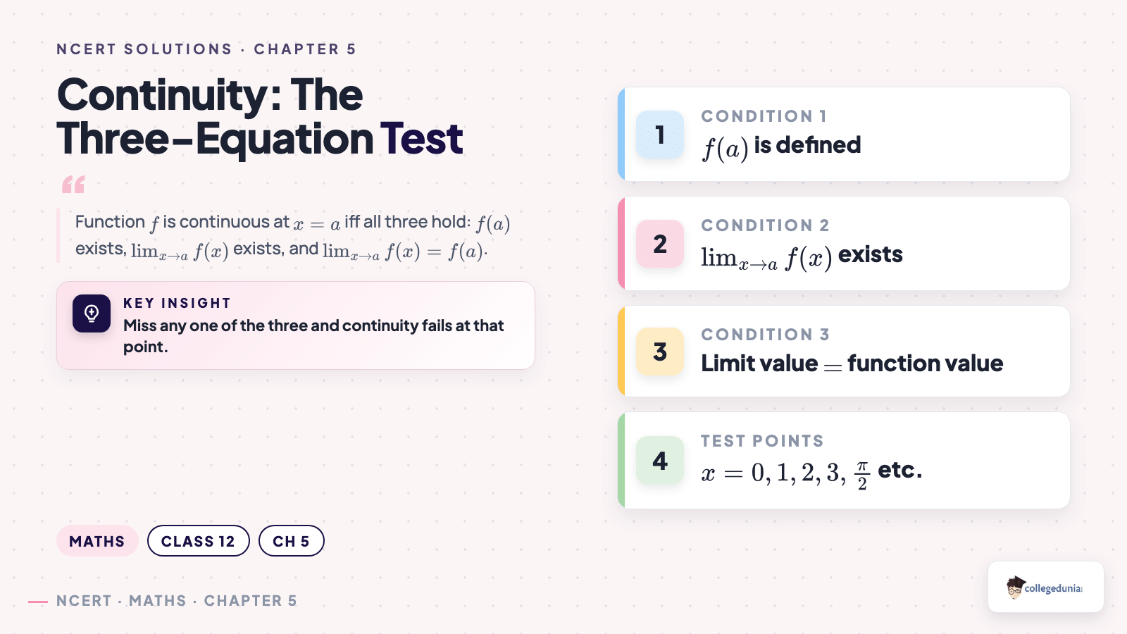 Three-equation continuity test for Class 12 Maths Chapter 5 Exercise 5.1