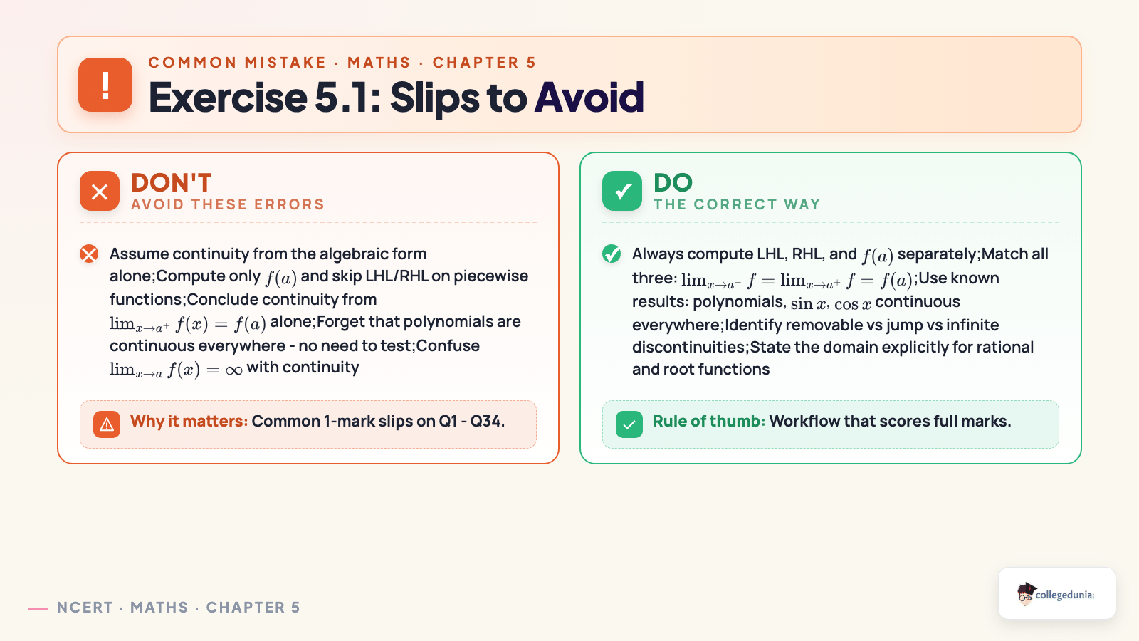 Common slips to avoid in Class 12 Maths Chapter 5 Exercise 5.1 continuity problems