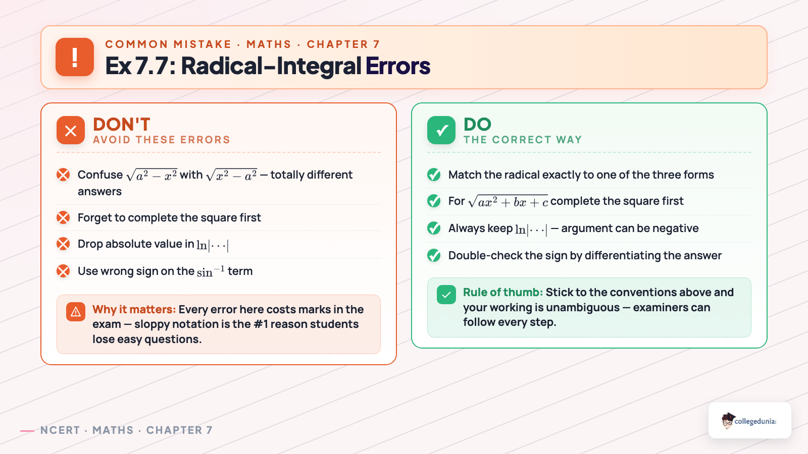 Ex77 radical mistakes for Class 12 Maths Chapter 7 Integrals