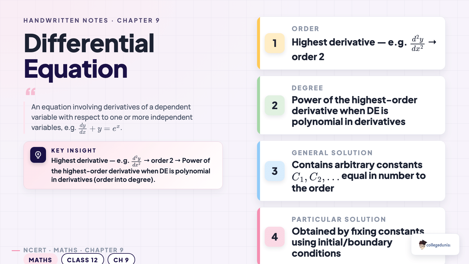Differential equation basics: order, degree, general and particular solutions
