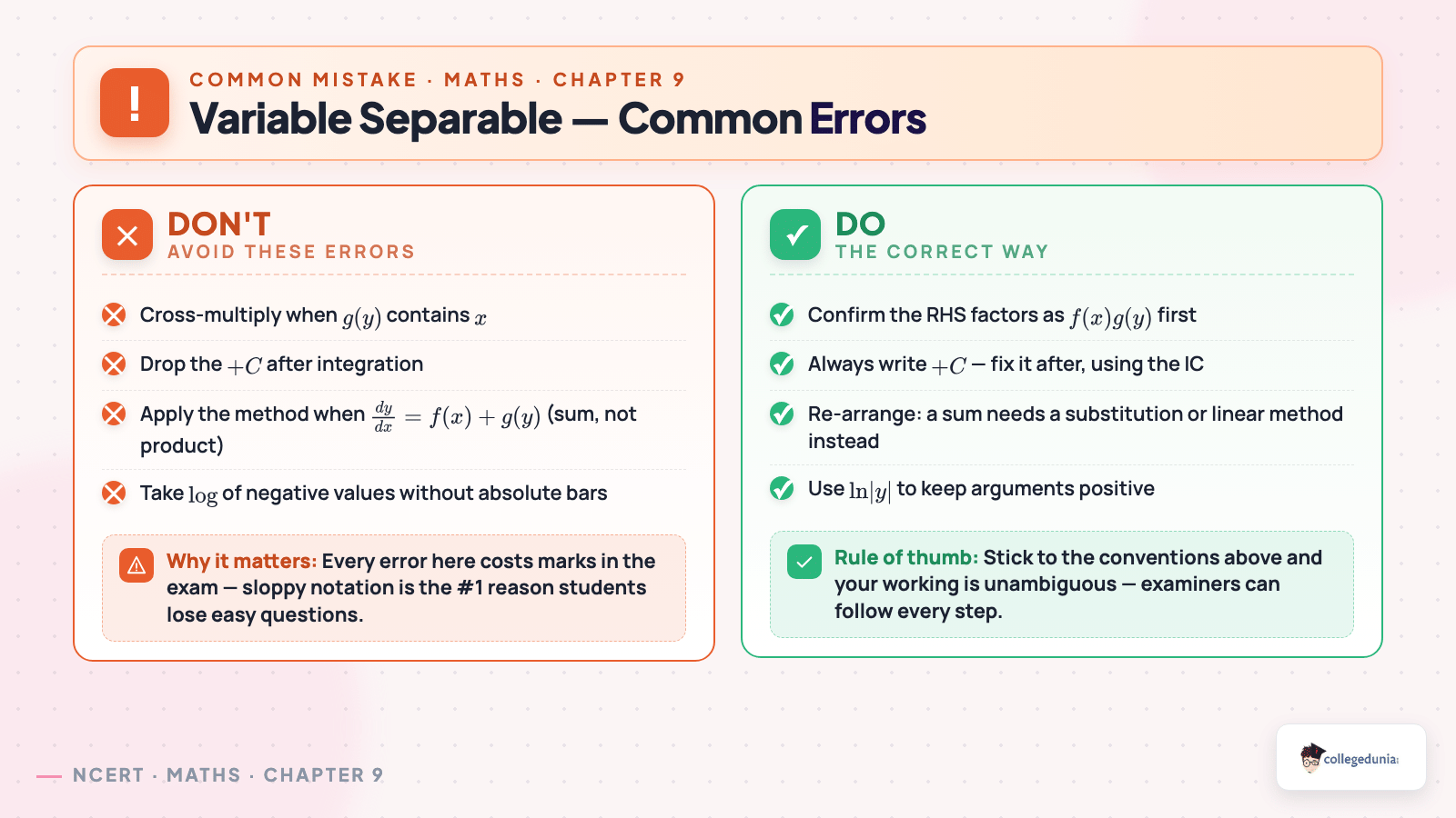 Common errors in variable separable problems