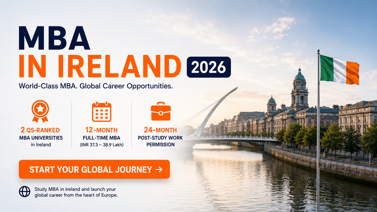 Promotional graphic highlighting QS-ranked MBA universities, 12-month full-time programs, and 24-month post-study work permission, with Dublin&rsquo;s River Liffey and Irish flag in the background.
