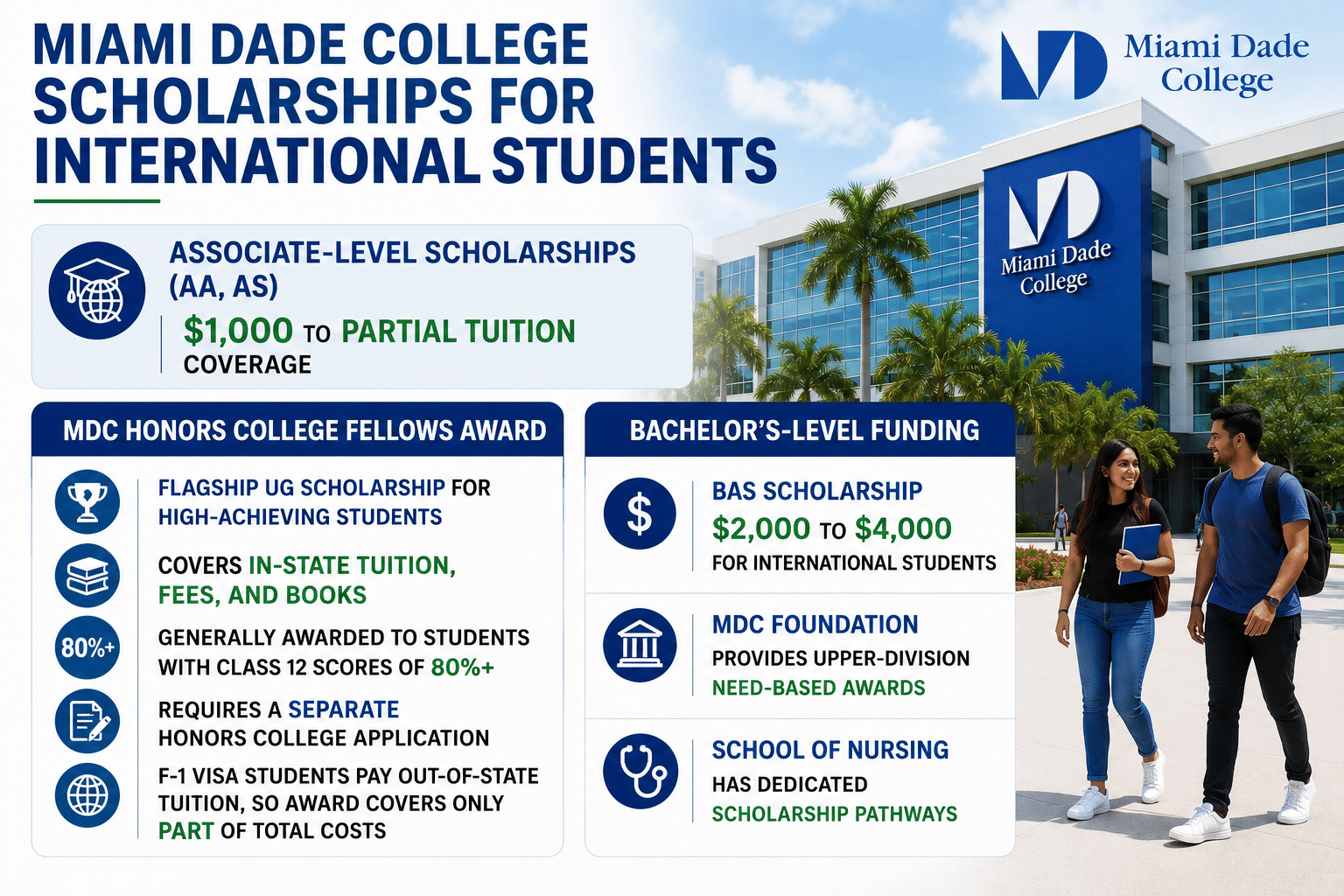 Infographic titled &ldquo;Miami Dade College Scholarships for International Students&rdquo; featuring a modern Miami Dade College campus image with students walking outside. The graphic highlights associate-level scholarships ranging from USD 1,000 to partial tuition coverage, the MDC Honors College Fellows Award for high-achieving students with 80%+ scores, and bachelor&rsquo;s-level funding including BAS Scholarships worth USD 2,000&ndash;4,000, MDC Foundation need-based awards, and School of Nursing scholarship pathways. The design uses blue, white, and green colors with large bold text and scholarship icons.