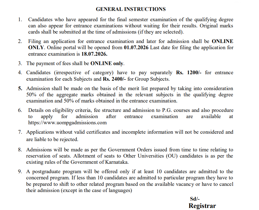 University of Mysore PG Admission 2026-27