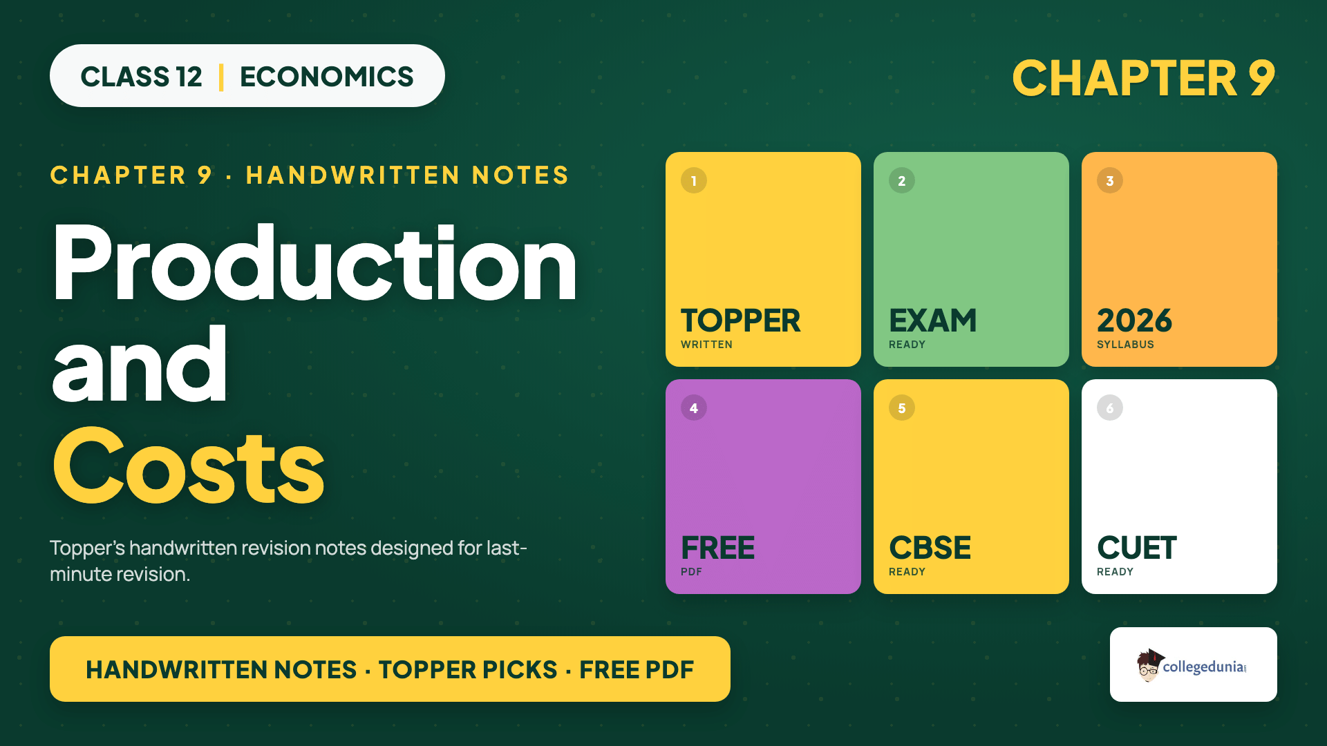 Class 12 Economics Chapter 3 Production and Costs Handwritten Notes by Collegedunia, scanned-notebook style, 2026-27