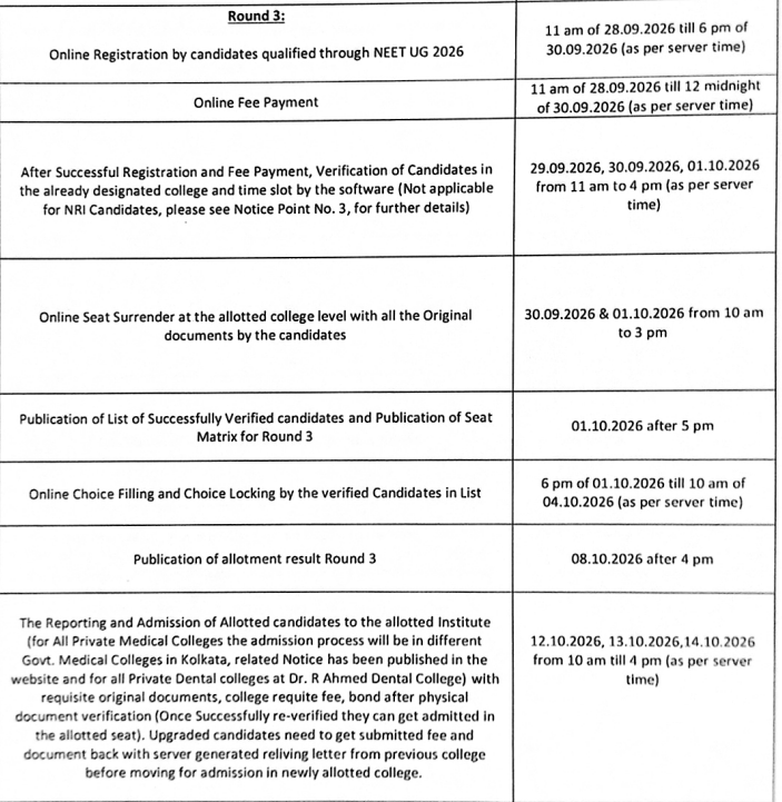 WB NEET UG 2026 Round 3 Important Dates