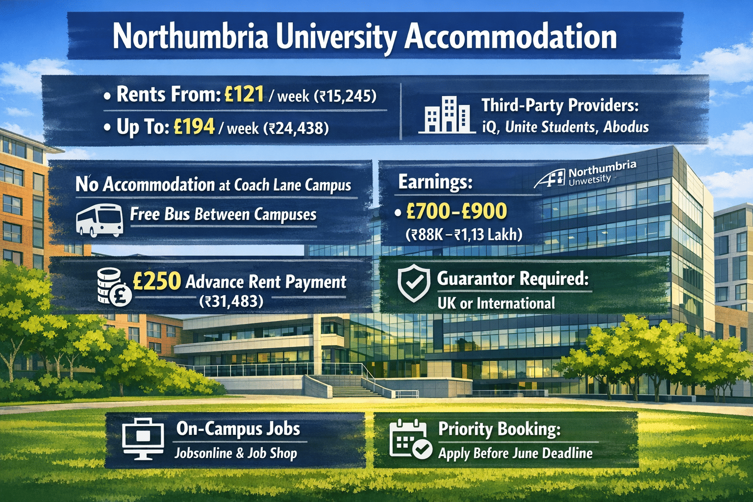 Informational poster about Northumbria University Accommodation. Shows modern university buildings in Newcastle with trees and a lawn in front. Text boxes display key details: rents from &pound;121/week (₹15,245) up to &pound;194/week (₹24,438); third‑party providers include iQ, Unite Students, and Abodus; no accommodation at Coach Lane Campus with free bus between campuses; &pound;250 advance rent payment (₹31,483); guarantor required (UK or international); earnings &pound;700&ndash;&pound;900 per month (₹88K&ndash;₹1.13 Lakh); on‑campus jobs via Jobsonline & Job Shop; priority booking before June deadline.