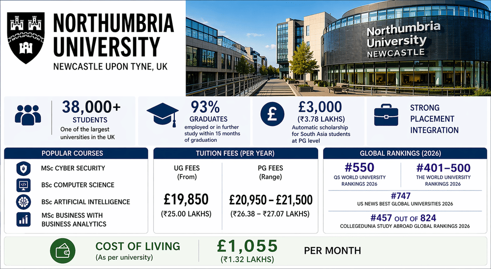 Informational poster about Northumbria University, Newcastle Upon Tyne, UK. Shows the university logo and campus photo with modern glass buildings. Highlights include: 38,000+ students, 93% graduate employment or further study within 15 months, &pound;3,000 (₹3.78 lakhs) automatic scholarship for South Asia postgraduate students, and strong placement integration. Tuition fees per year: UG &pound;19,850 (₹25.00 lakhs); PG &pound;20,950&ndash;&pound;21,500 (₹26.38&ndash;₹27.07 lakhs). Global rankings 2026: #550 QS, #401&ndash;500 THE, #747 US News, #457 Collegedunia. Cost of living: &pound;1,055 (₹1.32 lakhs) per month.
