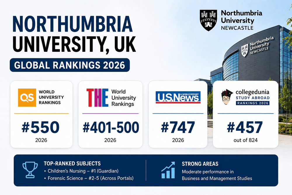 Infographic titled &ldquo;Northumbria University, UK &ndash; Global Rankings 2026&rdquo; showing rankings for Northumbria University: QS World University Rankings #550, THE World University Rankings #401&ndash;500, U.S. News #747, and Collegedunia Study Abroad Rankings #457 out of 824. It also highlights top-ranked subjects such as Children&rsquo;s Nursing (#1, Guardian) and Forensic Science (#2&ndash;5 across portals), along with strong areas in Business and Management Studies, set against a modern campus building background.