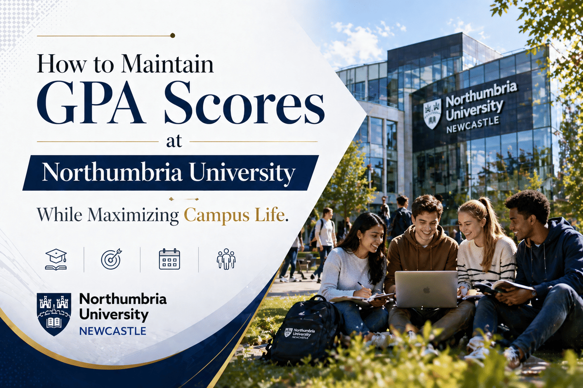 Professional banner featuring the headline &ldquo;How to Maintain GPA Scores at Northumbria University&rdquo; with a refined subheading &ldquo;While Maximizing Campus Life,&rdquo; set against a clean academic layout. The design includes a modern image of Northumbria University&rsquo;s campus building and a diverse group of students studying together outdoors, creating a balanced, aspirational university atmosphere.