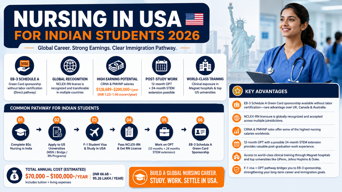 Infographic titled “Nursing in USA for Indian Students 2026” featuring a smiling Indian nurse in a hospital setting. The infographic highlights key benefits of studying nursing in the United States, including EB-3 Schedule A Green Card sponsorship without labor certification, globally recognized NCLEX-RN licensure, high earning potential with CRNA and PMHNP salaries ranging from $128,689 to $200,000+ per year, post-study work opportunities through 12-month OPT and a possible 24-month STEM extension, and access to world-class clinical training at leading hospitals and universities. A step-by-step pathway illustrates the journey from completing BSc Nursing in India to obtaining an F-1 visa, passing the NCLEX-RN, working on OPT, and securing EB-3 Green Card sponsorship. The infographic also notes estimated annual costs of $70,000–$100,000+ (INR 66.68–95.26 lakh) and emphasizes building a global nursing career in the USA.