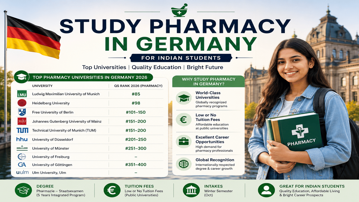 Study Pharmacy in Germany for Indian Students 2026 infographic featuring top pharmacy universities in Germany, including Ludwig Maximilian University Munich (LMU), Heidelberg University, Free University of Berlin, Technical University of Munich (TUM), and University of M&uuml;nster. The image highlights QS Pharmacy Rankings 2026, low or no tuition fees at public universities, career opportunities, global recognition, and admission information for international students.