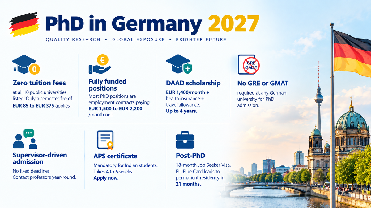 Infographic on &ldquo;PhD in Germany 2027&rdquo; highlighting zero tuition fees, funded PhD positions, DAAD scholarships, no GRE/GMAT, supervisor-led admissions, mandatory APS certification for Indian students, and post-PhD work and residency options, with a German cityscape and flag.