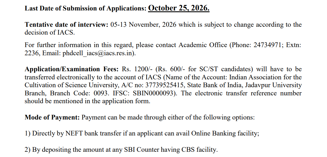 IACS PhD Spring 2027 Important Dates