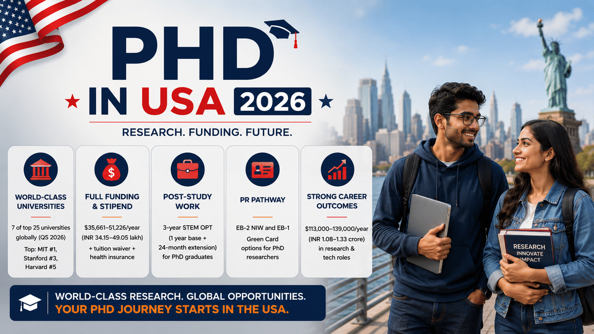 Infographic titled &ldquo;PhD in USA 2026&rdquo; featuring a clean, modern design with a city skyline and the Statue of Liberty in the background. Two Indian students holding books and a tablet stand on the right side, representing international doctoral students. The infographic highlights key advantages of pursuing a PhD in the United States, including world-class universities, fully funded PhD programs with stipends, post-study work opportunities through STEM OPT, pathways to permanent residency, and strong career outcomes. Information is presented in five easy-to-read icon-based sections using a red, white, and navy blue color scheme. A banner at the bottom emphasizes world-class research and global opportunities, creating a professional and aspirational academic theme.