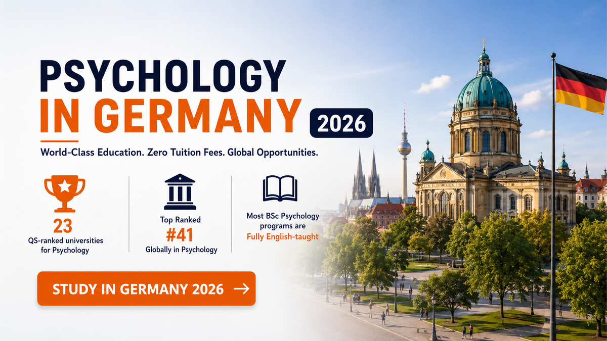 News graphic promoting Psychology in Germany for 2026, highlighting 23 QS-ranked universities, a top global psychology ranking, English-taught programs, and a German cityscape with a historic domed landmark and German flag.