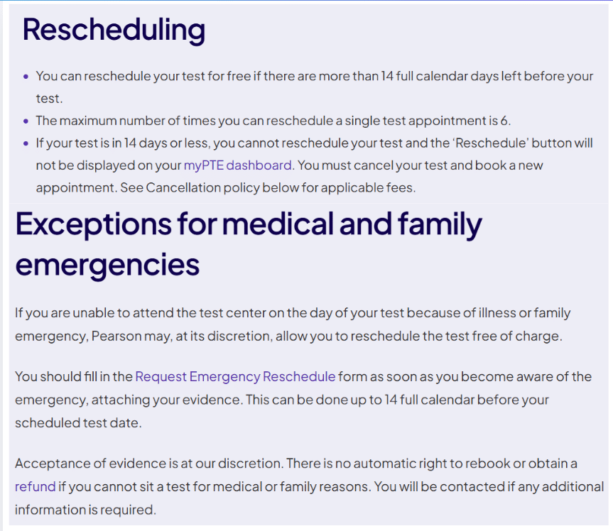 PTE Rescheduling Policy 2026