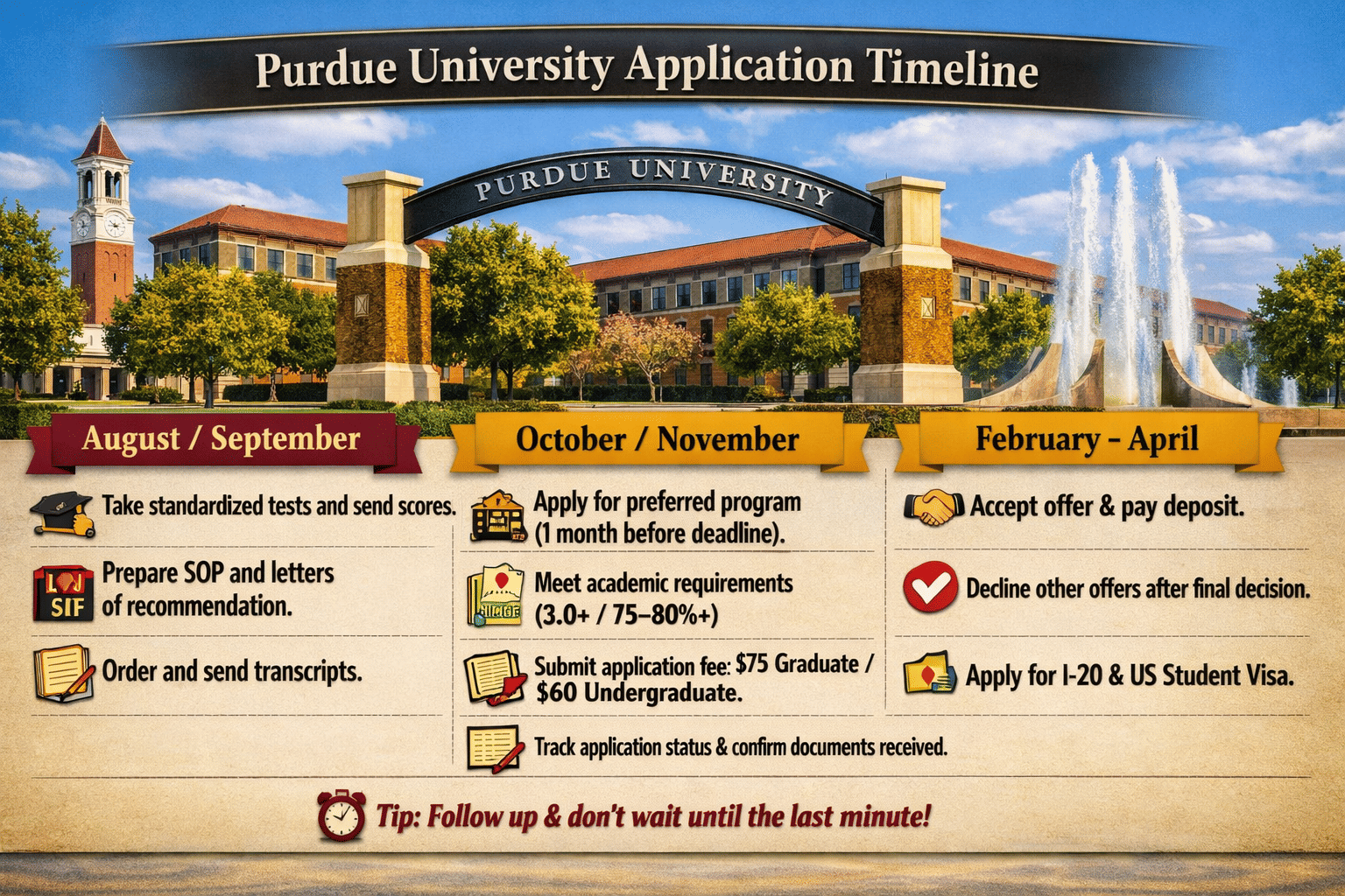 Purdue University application timeline infographic showing steps for admission: August&ndash;September (tests, SOP, transcripts), October&ndash;November (apply, meet requirements, pay fees), and February&ndash;April (accept offer, apply for visa), with campus image in background.
