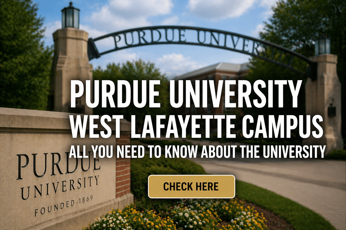 Purdue University West Lafayette campus entrance with archway and stone sign, overlaid with text promoting university information and a &ldquo;Check Here&rdquo; button.