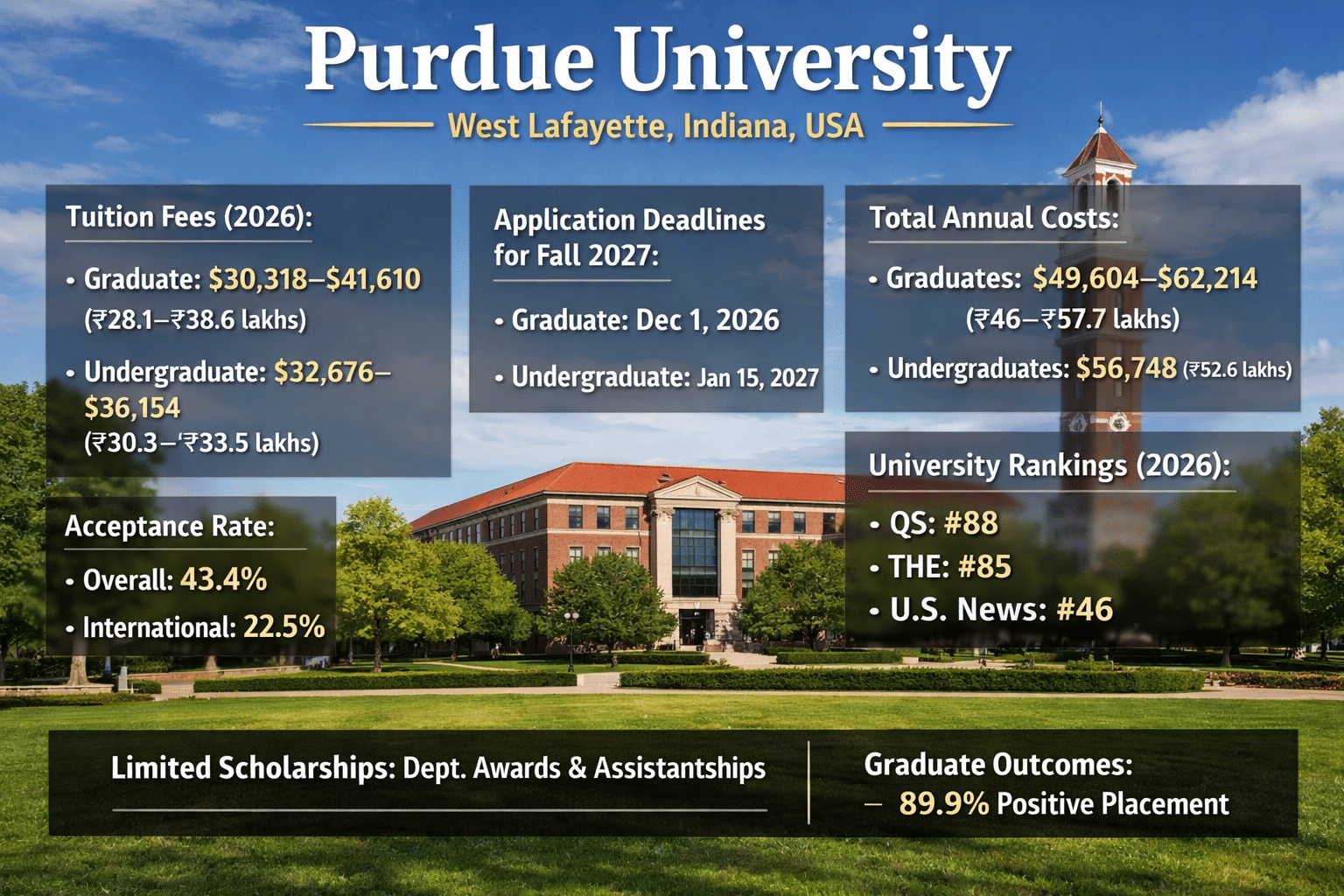  Landscape infographic showing Purdue University admissions overview with the Bell Tower campus in the background. Text highlights tuition fees (graduate $30,318&ndash;$41,610; undergraduate $32,676&ndash;$36,154), acceptance rates (43.4% overall, 22.5% international), Fall 2027 deadlines (Dec 1 for graduate, Jan 15 for undergraduate), total annual costs ($49,604&ndash;$62,214 for graduates; $56,748 for undergraduates), rankings (QS #88, THE #85, U.S. News #46), limited scholarships (departmental awards and assistantships), and graduate outcomes (89.9% positive placement).