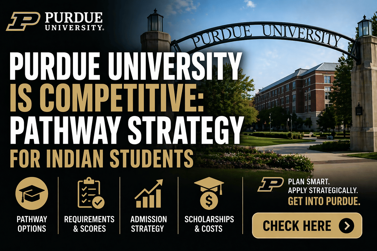 Banner featuring the entrance arch and campus of Purdue University with bold, high-contrast text reading &ldquo;Purdue University Is Competitive: Pathway Strategy for Indian Students.&rdquo; The design includes icons for pathway options, requirements, admission strategy, and scholarships, along with a &ldquo;Check Here&rdquo; call-to-action button and a side tagline encouraging strategic application.