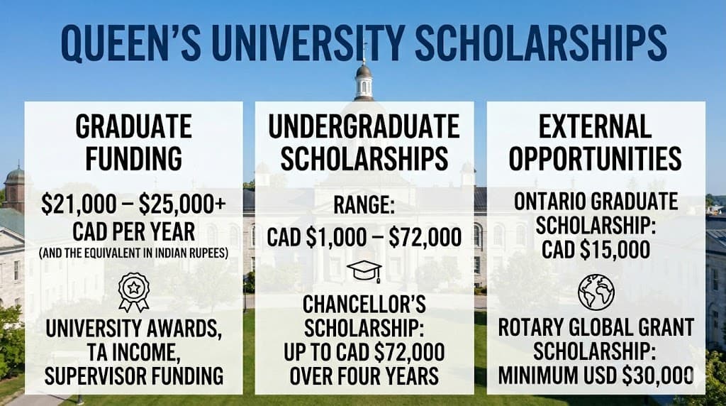 An educational infographic titled "QUEEN'S UNIVERSITY SCHOLARSHIPS" in large, bold, blue letters at the very top. The background is a wide, landscape shot of a historic stone university building under a clear blue sky.  Superimposed over the background are three clean, non-cluttered white vertical blocks containing the key funding information in bold black text, organized from left to right:  Left Column (Graduate Funding):  Heading: GRADUATE FUNDING  Main Info: $21,000 &ndash; $25,000+ CAD PER YEAR (and the equivalent in Indian Rupees)  Details: Followed by an award ribbon icon and the text "UNIVERSITY AWARDS, TA INCOME, SUPERVISOR FUNDING".  Middle Column (Undergraduate Scholarships):  Heading: UNDERGRADUATE SCHOLARSHIPS  Main Info: RANGE: CAD $1,000 &ndash; $72,000  Details: Followed by a graduation cap icon and the text "CHANCELLOR&rsquo;S SCHOLARSHIP: UP TO CAD $72,000 OVER FOUR YEARS".  Right Column (External Opportunities):  Heading: EXTERNAL OPPORTUNITIES  Main Info: ONTARIO GRADUATE SCHOLARSHIP: CAD $15,000  Details: Followed by a globe icon and the text "ROTARY GLOBAL GRANT SCHOLARSHIP: MINIMUM USD $30,000".