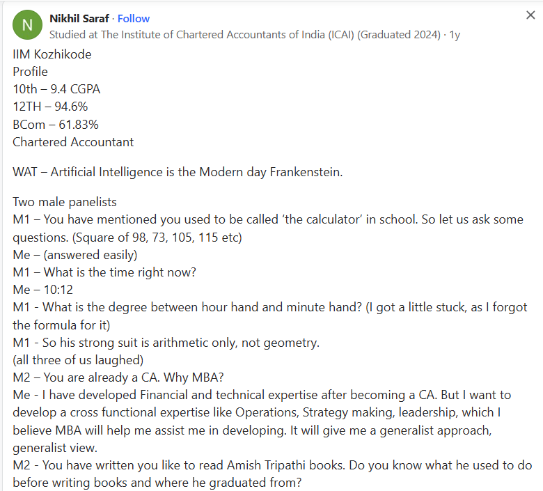 Quora Discussion on interview of IIMK
