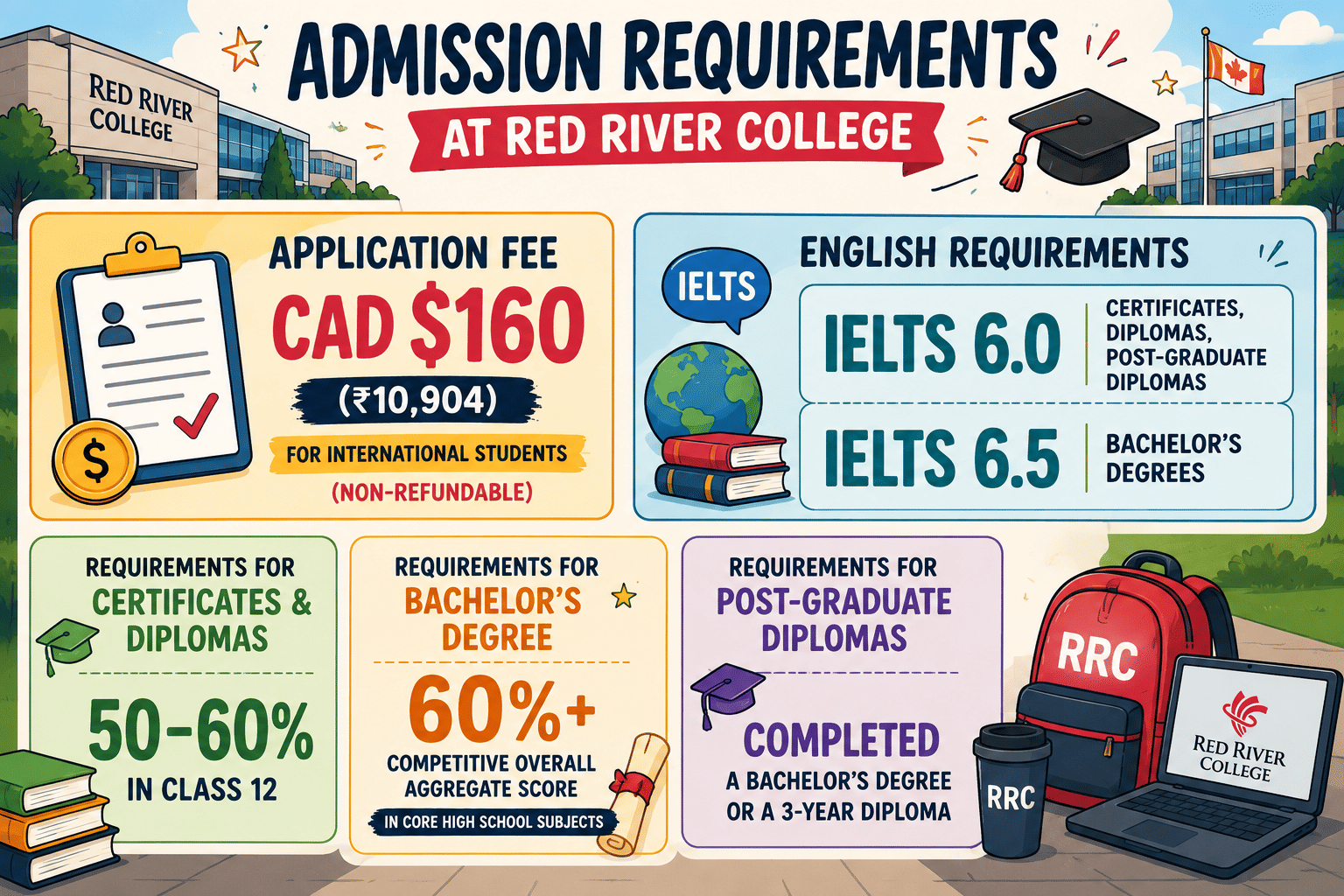 Landscape infographic titled &ldquo;Admission Requirements at Red River College&rdquo; featuring a colorful illustrated campus scene with cartoon-style university buildings, a graduation cap, books, backpack, laptop, and academic icons. The information is presented in large, bold text within five distinct panels.  Application Fee: CAD $160 (₹10,904) for international students, marked as non-refundable. English Requirements: IELTS 6.0 for Certificates, Diplomas, and Post-Graduate Diplomas; IELTS 6.5 for Bachelor&rsquo;s Degrees. Certificates & Diplomas: Minimum 50&ndash;60% in Class 12. Bachelor&rsquo;s Degree: Competitive overall aggregate score of 60% or higher in core high school subjects. Post-Graduate Diplomas: Completion of a bachelor&rsquo;s degree or a 3-year diploma required.  The design uses bright colors, large typography, and educational illustrations to present admission criteria in a clear, easy-to-scan format without lengthy text paragraphs.