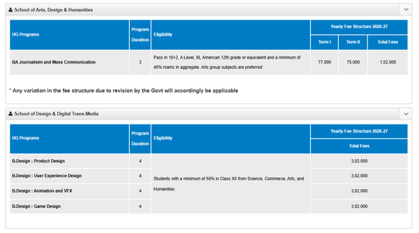 Fee Structure 2026 (As per website)-