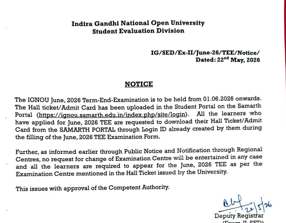 IGNOU Hall Ticket 2026 for June TEE Out; Download Link Here
