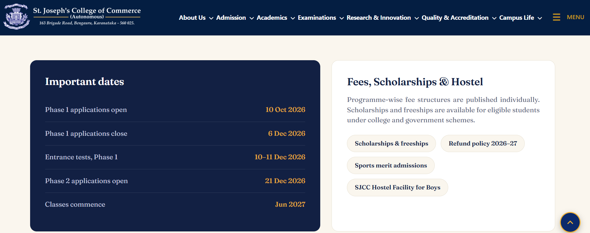 SJCC Admission 2027-28 Important Date