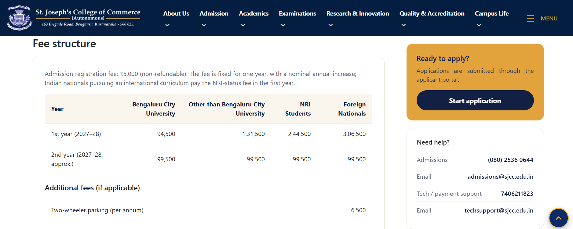 SJCC 2027-28 M.Com Fee Structure
