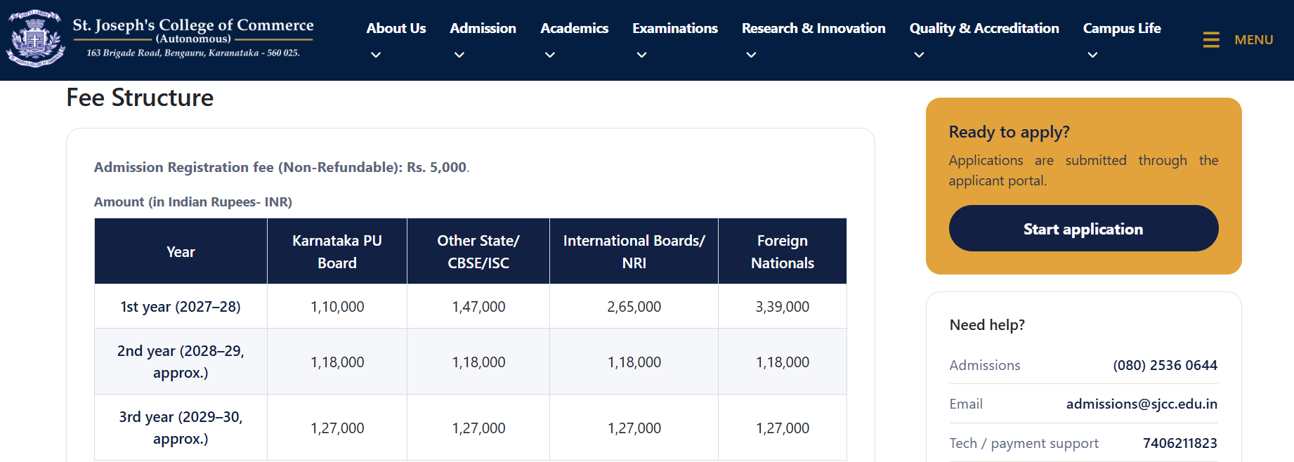 SJCC 2027-28 UG First-Year Tuition Fees