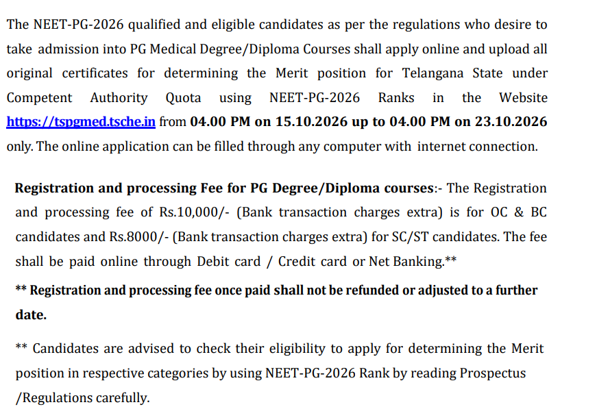 Telangana NEET PG 2026 Important&nbsp;Dates