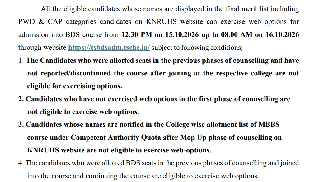 Telangana BDS 2026-27 Counselling Important Dates