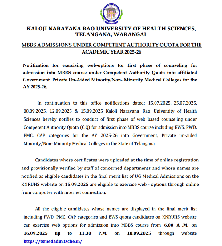 Telangana NEET UG 2025 Counselling Notification