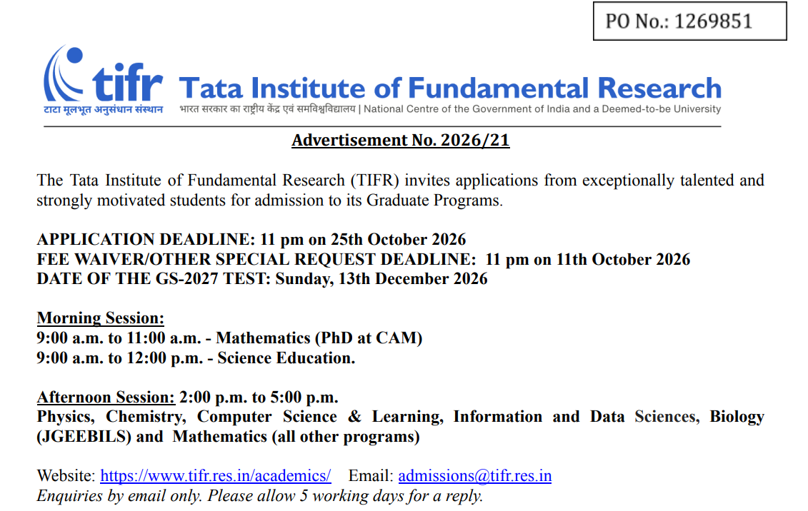 TIFR GS 2027 Important Dates
